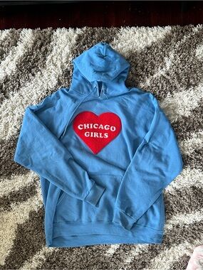 We all we got Light Blue Crewneck Hoodie with Red Heart 'Chicago Girls' Graphic